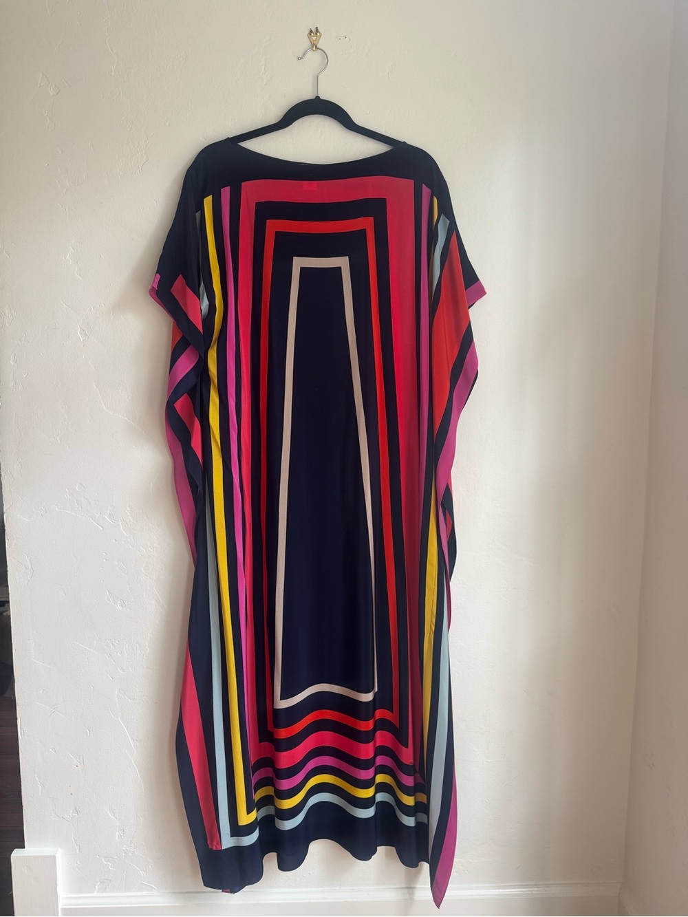 Trina Turk Theodora Maxi Kaftan Dress in Navy and colorful geometric stripes